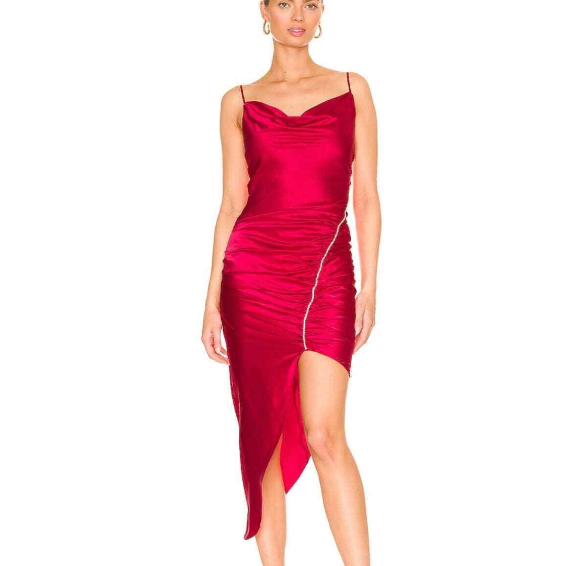 Cinq A Sept Emila Ruched Crystal Silk Satin Hi/Low Mid Dress Rhinestone Trim A16
